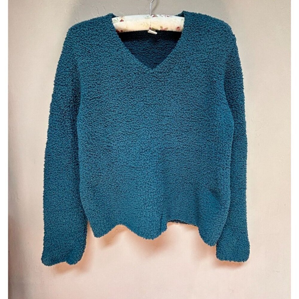 J. Jill Womens Small Fuzzy Pullover Sweater V-Neck Long Sleeve Blue Casual